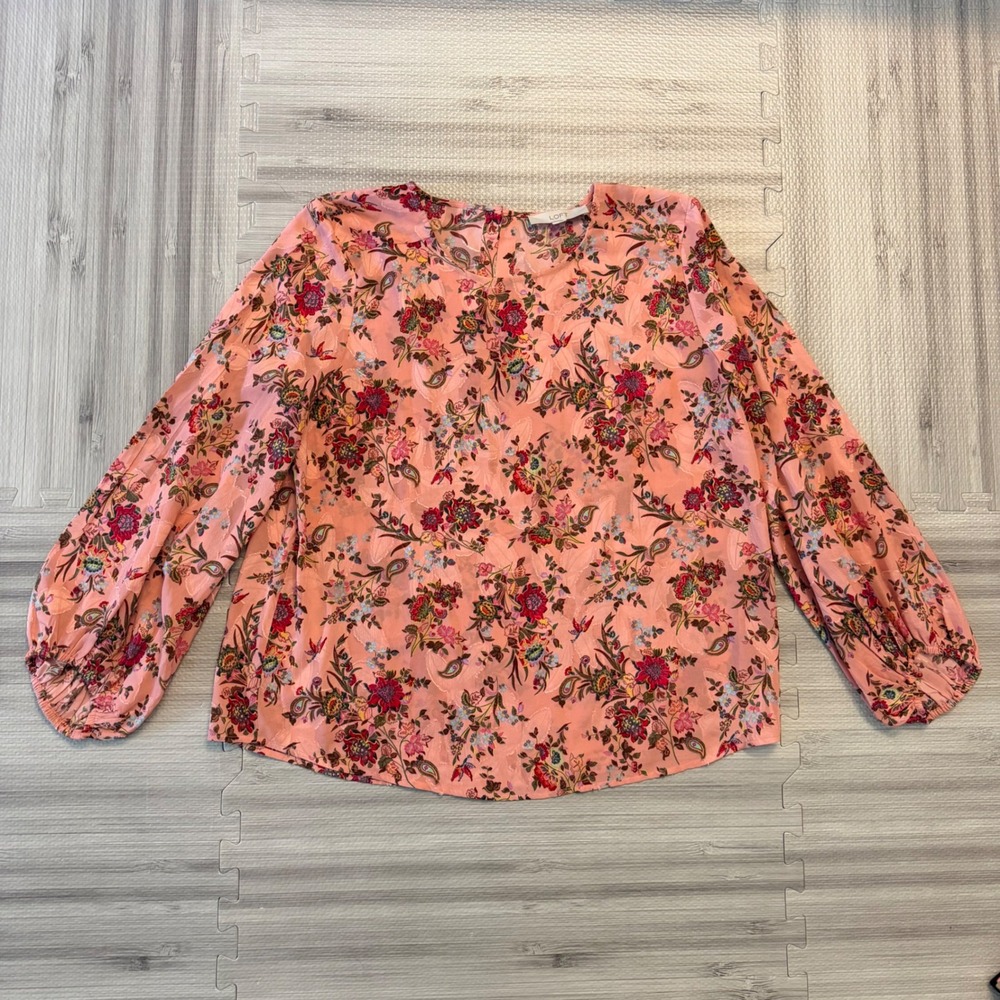 LOFT Floral Paisley Blouse Womens Large Pink Balloon Sleeve Jacquard Keyhole Top